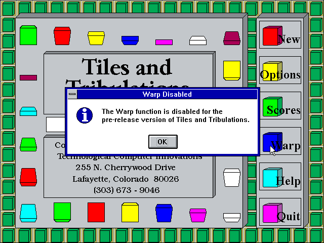 Tiles and Tribulations (Windows 3.x) screenshot: The War function allow the player to restart a game at the last level they received a password for. It is NOT available in the shareware release