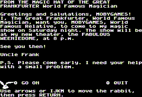 Microzine Jr. #3 (Apple II) screenshot: The Great Frankfurter - Invited to His Show