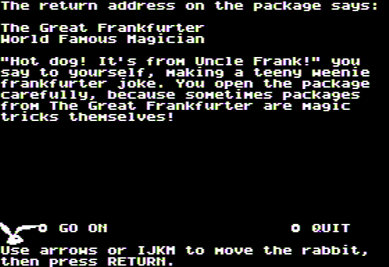 Microzine Jr. #3 (Apple II) screenshot: The Great Frankfurter - A Letter from Uncle Frank