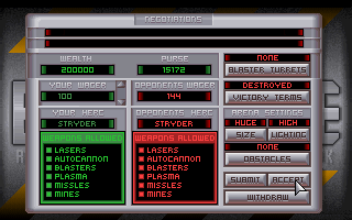 Metaltech: Battledrome (DOS) screenshot: Negotiation with opponent