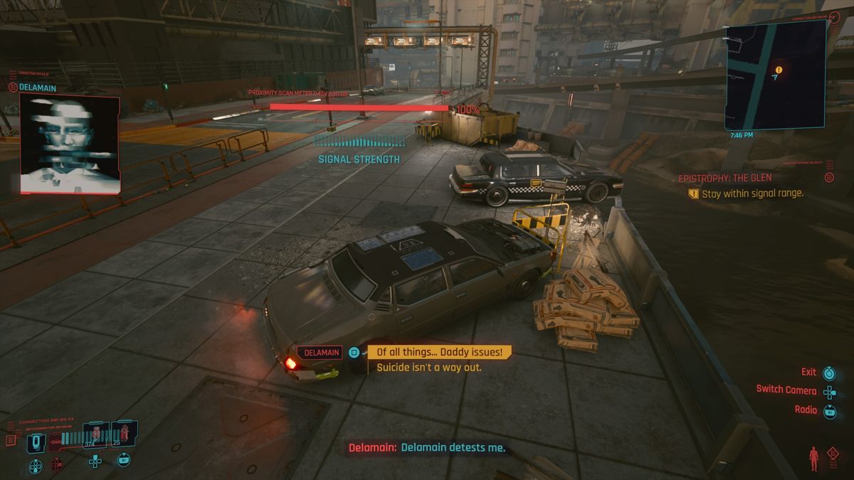 Cyberpunk 2077 (PlayStation 4) screenshot: Helping Delamain retrieve rogue AI limousines