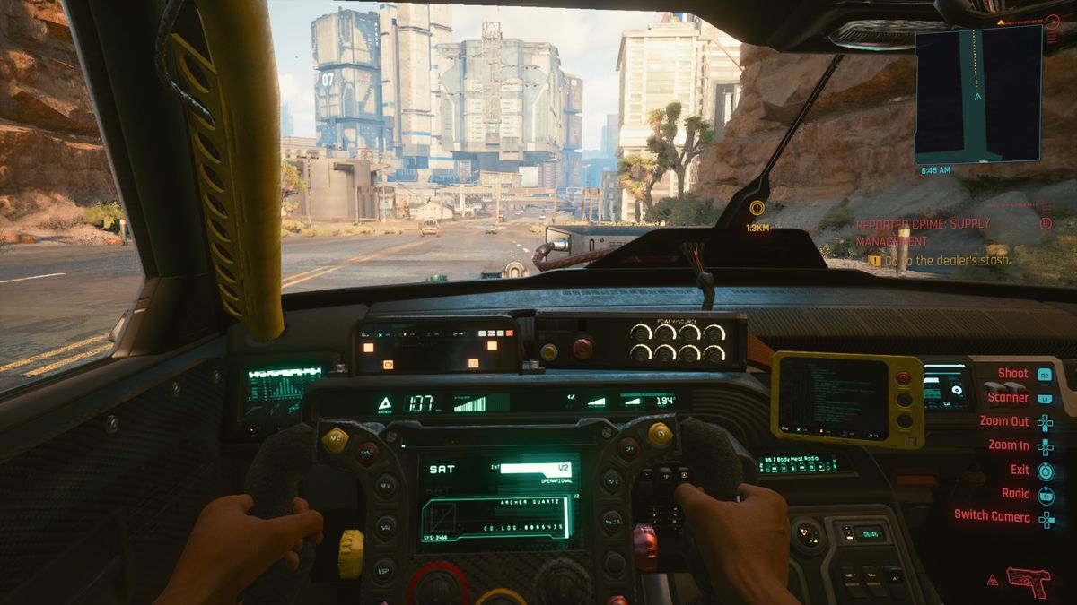 Cyberpunk 2077 (PlayStation 4) screenshot: Approaching the city from the desert nomad land