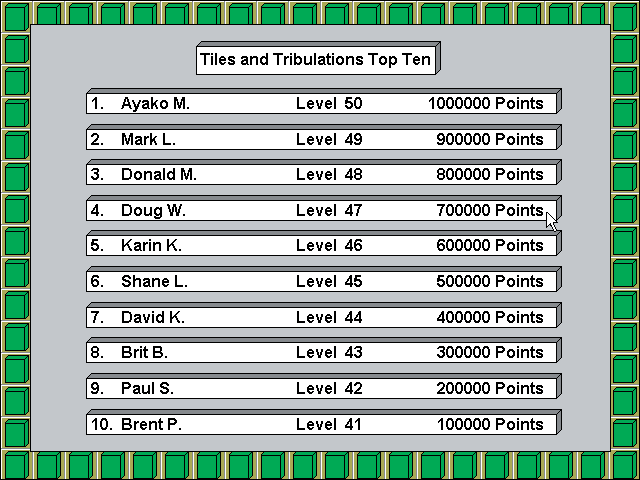 Tiles and Tribulations (Windows 3.x) screenshot: The game's high score table comes pre-populated