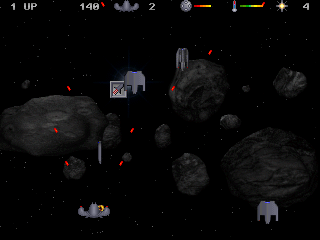 Cosmic Ambush (DOS) screenshot: Stage 1: waves of alien craft from ahead. Got one powerup and about to get another.