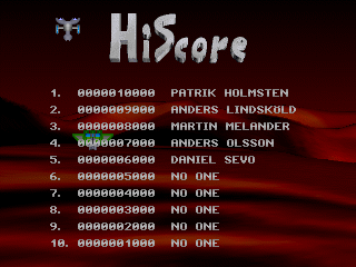 Cosmic Ambush (DOS) screenshot: Default high scores with developers' names.