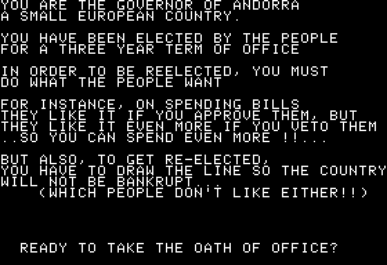 Andorra (Apple II) screenshot: Elected as Governor