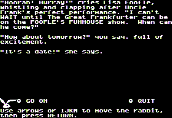 Microzine Jr. #3 (Apple II) screenshot: The Great Frankfurter - Uncle Frank is Invited on to the Show
