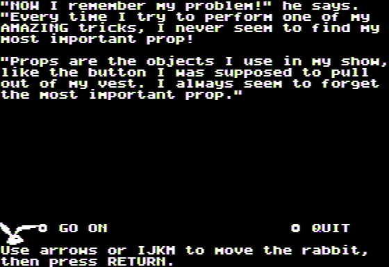 Microzine Jr. #3 (Apple II) screenshot: The Great Frankfurter - Frankfurter Forgot his Tricks