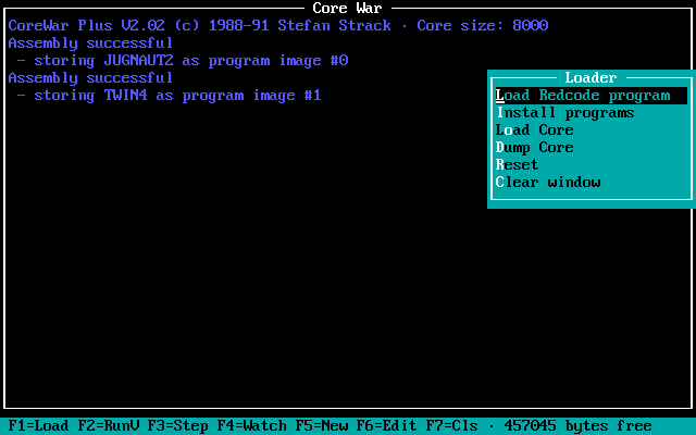 CoreWar Plus (DOS) screenshot: Loading a program
