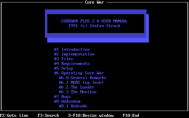 CoreWar Plus (DOS) screenshot: There is extensive documentation available