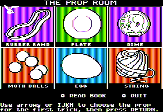 Microzine Jr. #3 (Apple II) screenshot: The Great Frankfurter - Choose the Correct Prop for the Chosen Tricks