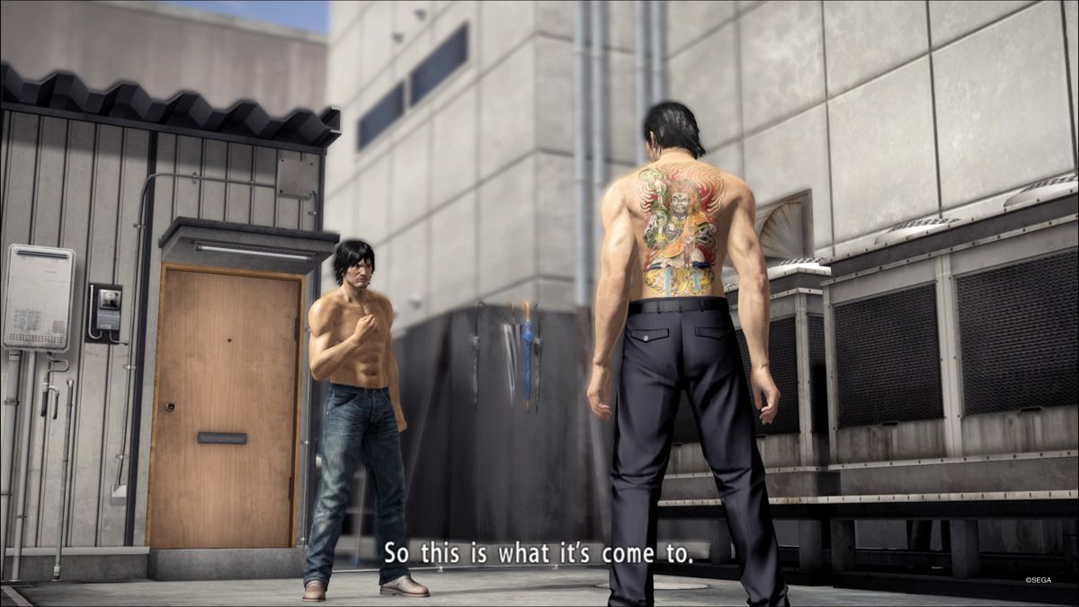 Yakuza 5 (PlayStation 4) screenshot: Shinada is trying to show Daigo his resolution