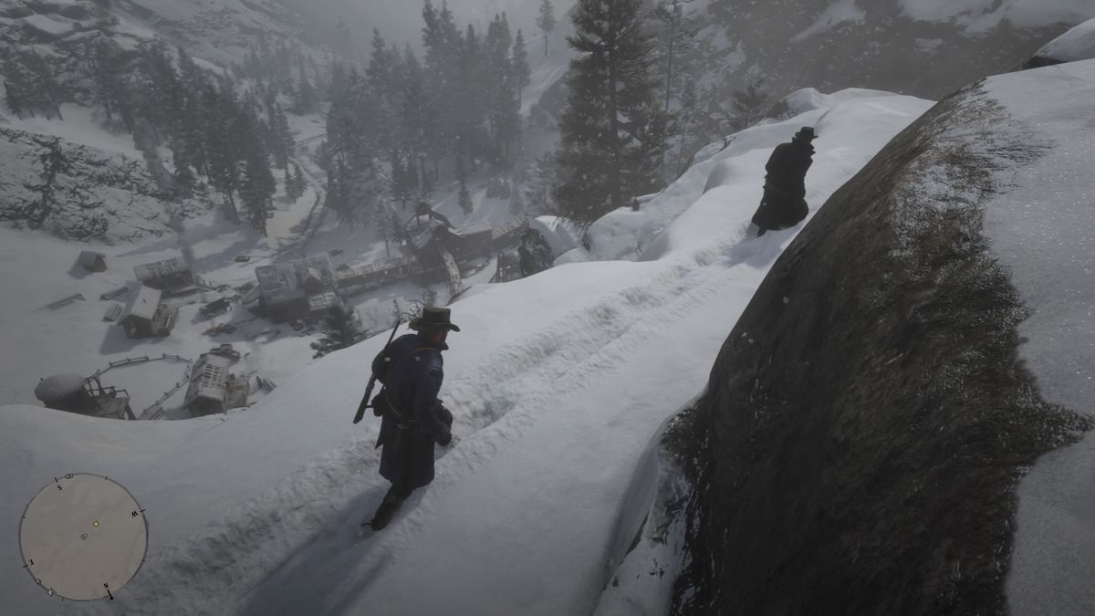 Red Dead Redemption II (PlayStation 4) screenshot: Approaching the enemy gang's hideout from above