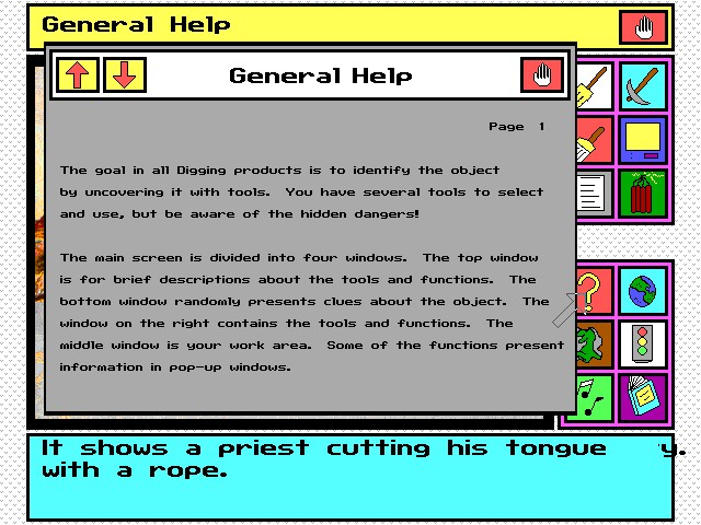 Digging for Buried Treasure (DOS) screenshot: The first of the help screens