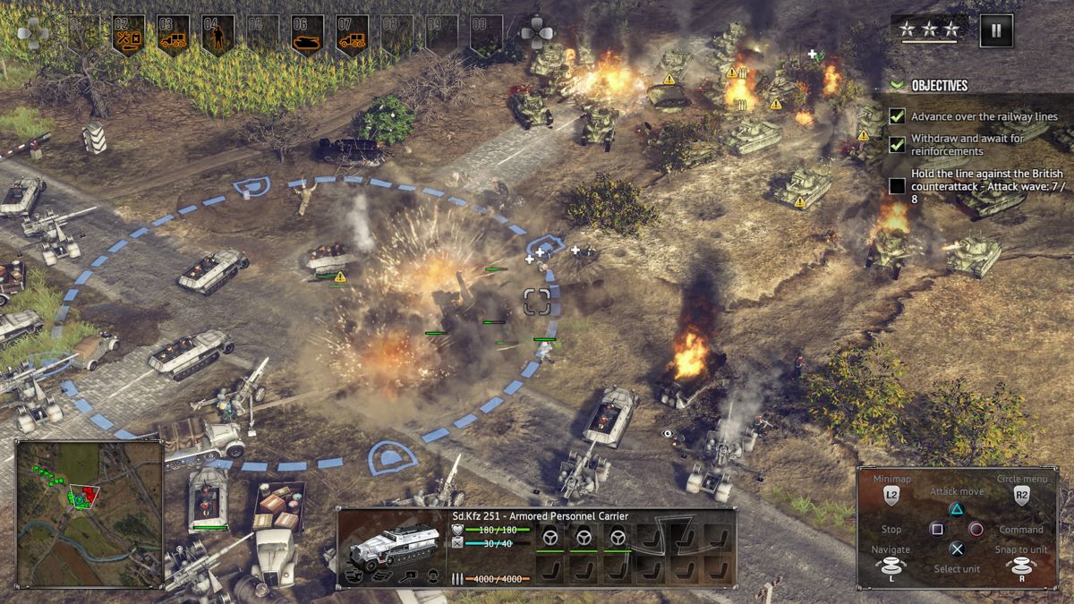 Sudden Strike 4 (PlayStation 4) screenshot: Using 88mm flak cannons to stop the enemy tank advance