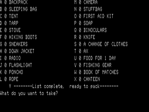 Screenshot of A Backpacking Adventure (TRS-80, 1981) - MobyGames