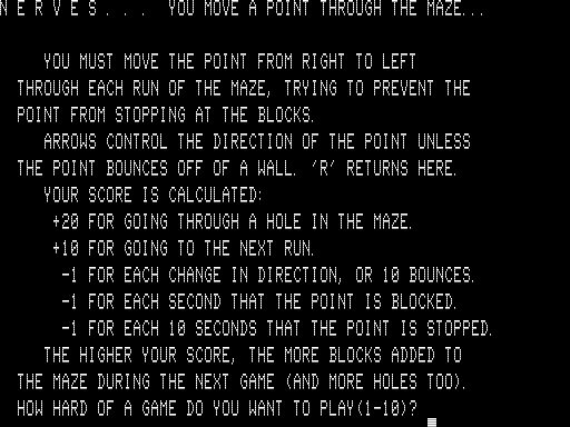 Nerves (TRS-80) screenshot: Instructions