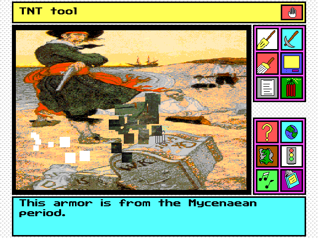 Digging for Buried Treasure (DOS) screenshot: Same picture, different object. Here TNT is being used for a quicker clearance of the overlying picture