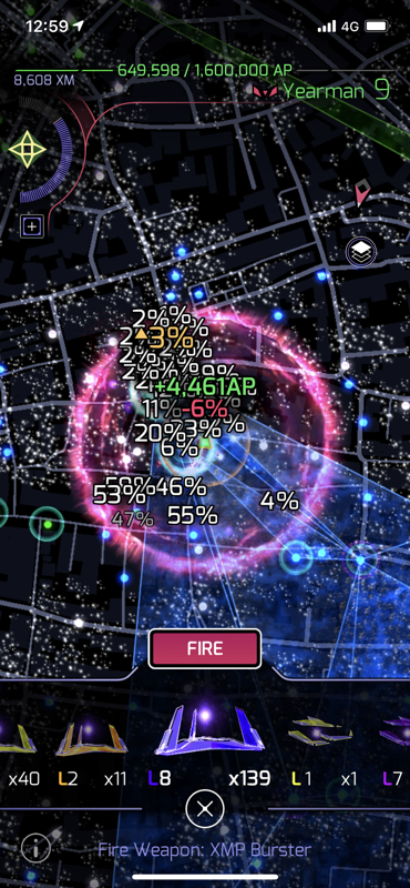 Ingress Prime (iPhone) screenshot: An explosion of a L8 XMP Burster that destroys some resonators and links.