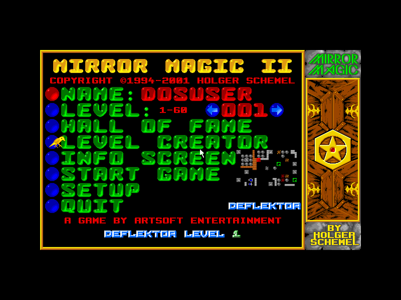 Mirror Magic (DOS) screenshot: Main menu screen.