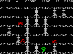 Horace & The Spiders (ZX Spectrum) screenshot: Stage three, stomp holes in the web and the spiders will try to repair them.