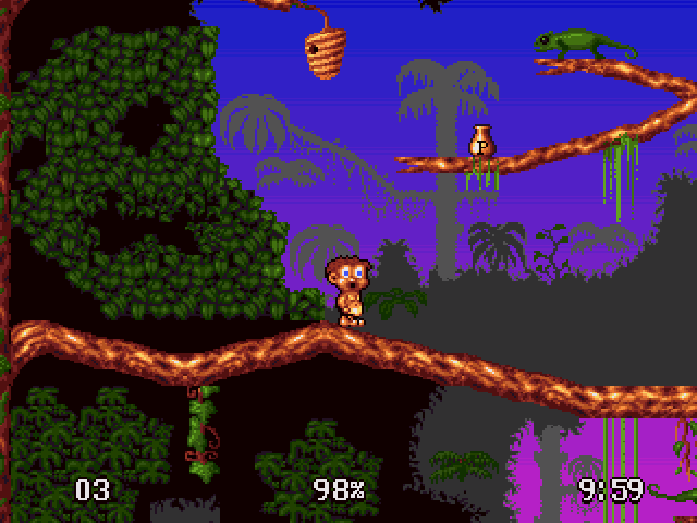 Ruffian (Amiga) screenshot: Roaming around the jungle at sunset