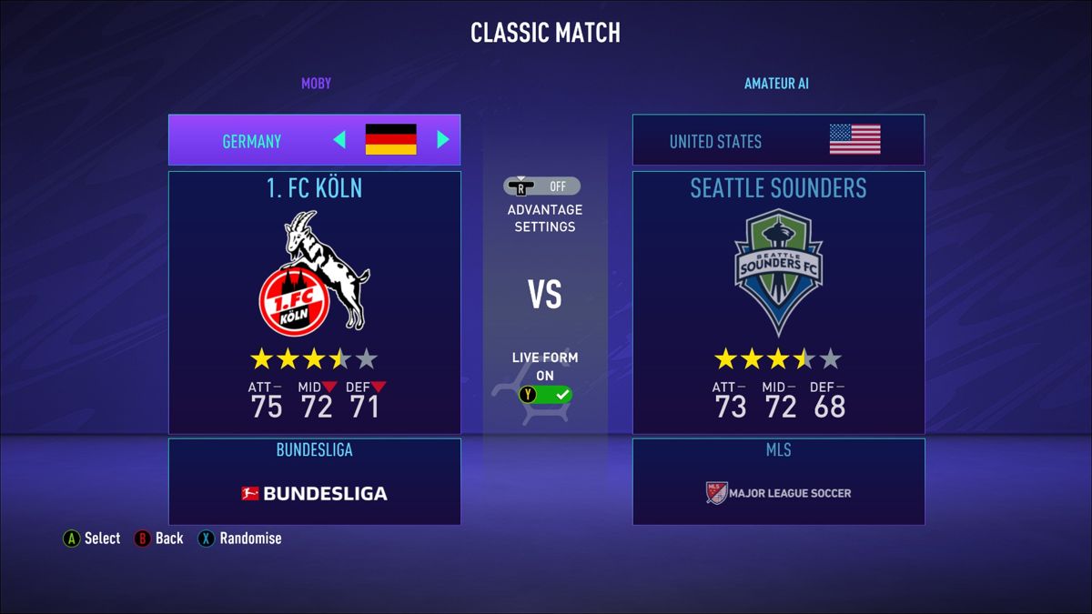 FIFA 21 (Windows) screenshot: Selecting teams for a friendly