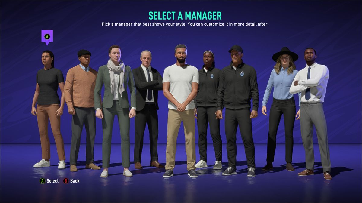 FIFA 21 (Windows) screenshot: Selecting a manager (Manager mode)