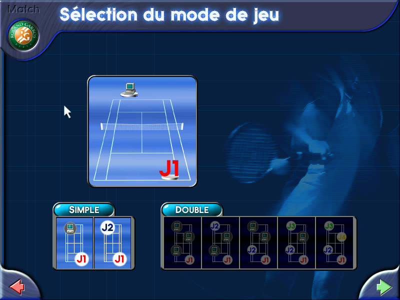 Roland Garros French Open 2000 (Windows) screenshot: Play against computer or second player (demo version)