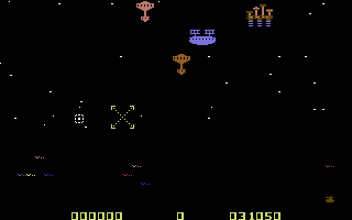 Cataclysm (Commodore 64) screenshot: A neutron bomb sails over the ashes of the outpost.