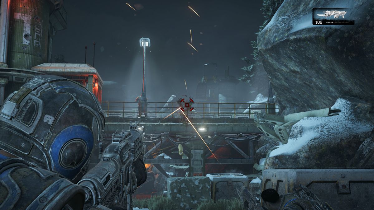 Gears of War 4 (Xbox One) screenshot: Firing at the enemy soldier