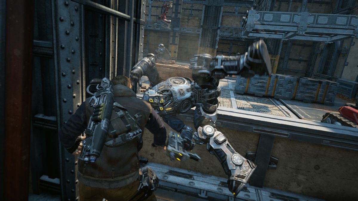 Gears of War 4 (Xbox One) screenshot: Taking on city construction guard bots