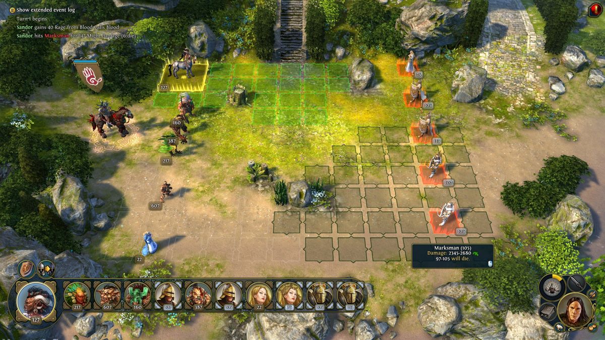 Might & Magic: Heroes VI (Windows) screenshot: Orcs are pretty quick to strike, so you just need to prioritize your targets before enemy forces can even reach your front.