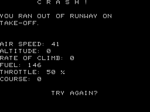 Mountain Pilot (TRS-80) screenshot: Crash on the Runway
