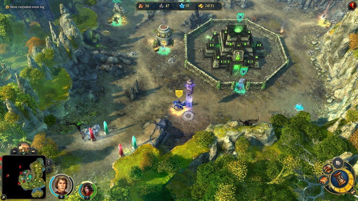 Might & Magic: Heroes VI (Windows) screenshot: Floating obelisk towers will reveal large portion of the map around once you visit them.