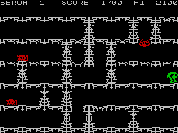 Horace & The Spiders (ZX Spectrum) screenshot: Ha! One nasty spider fixing a hole, but what's Horace doing down there? Climb up you neckless fool and stomp that critter to its demise!