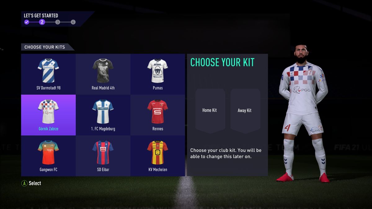 FIFA 21 (Windows) screenshot: Choosing a kit (Ultimate Team)