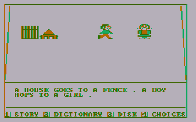Story Machine (DOS) screenshot: A boy hops to a girl - white page - composite mode
