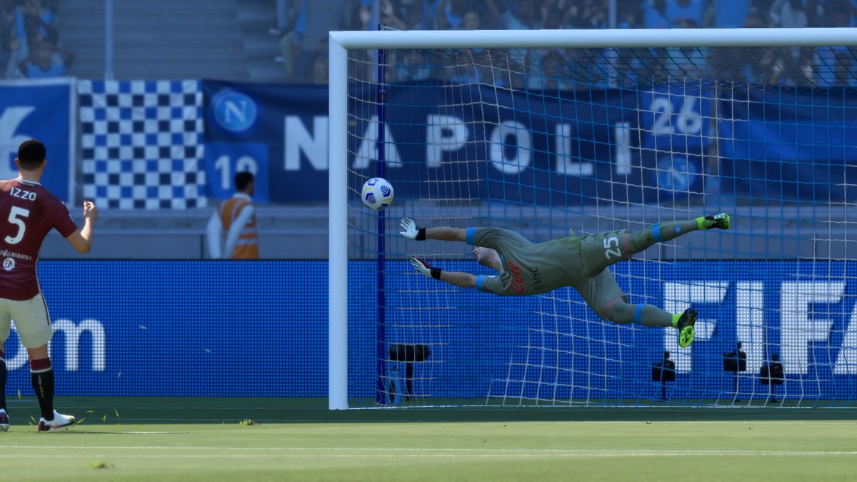 FIFA 21 (Windows) screenshot: Goalkeeper saving a penalty
