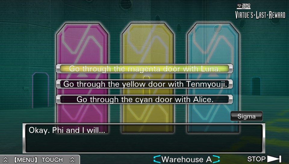 Zero Escape: Volume 2 - Virtue's Last Reward (PS Vita) screenshot: Your choices will affect the story and the possible ending you may reach.