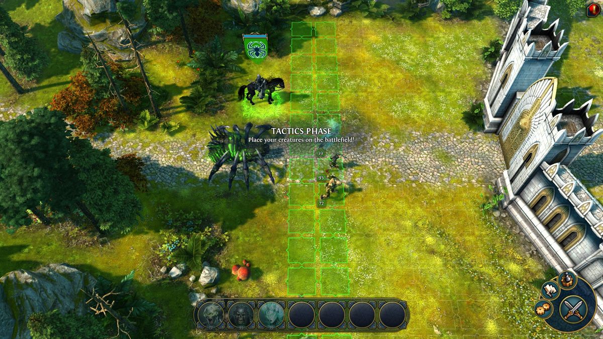Might & Magic: Heroes VI (Windows) screenshot: Deploying troops before an assault on the human town.