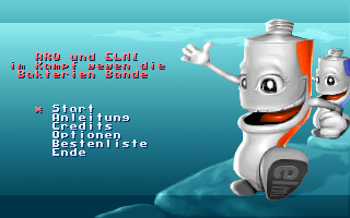 ARO und ELMI im Kampf gegen die Bakterien Bande (DOS) screenshot: Title/main menu screen.
