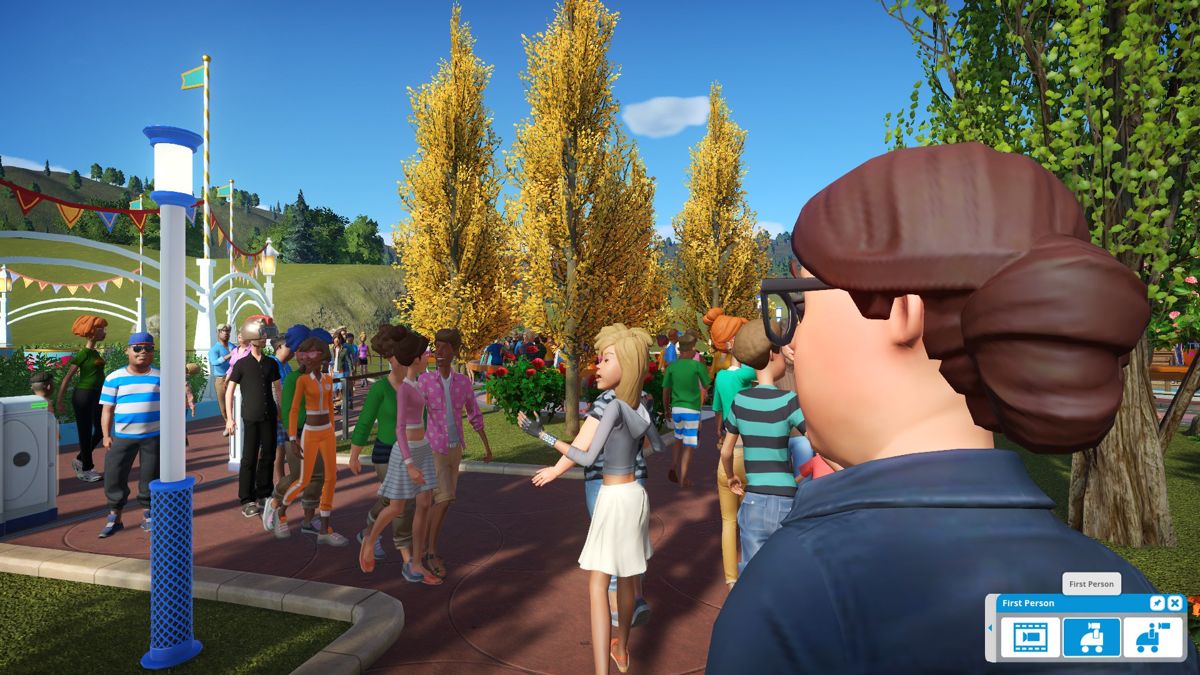 Planet Coaster (Windows) screenshot: Following customers in first-person mode