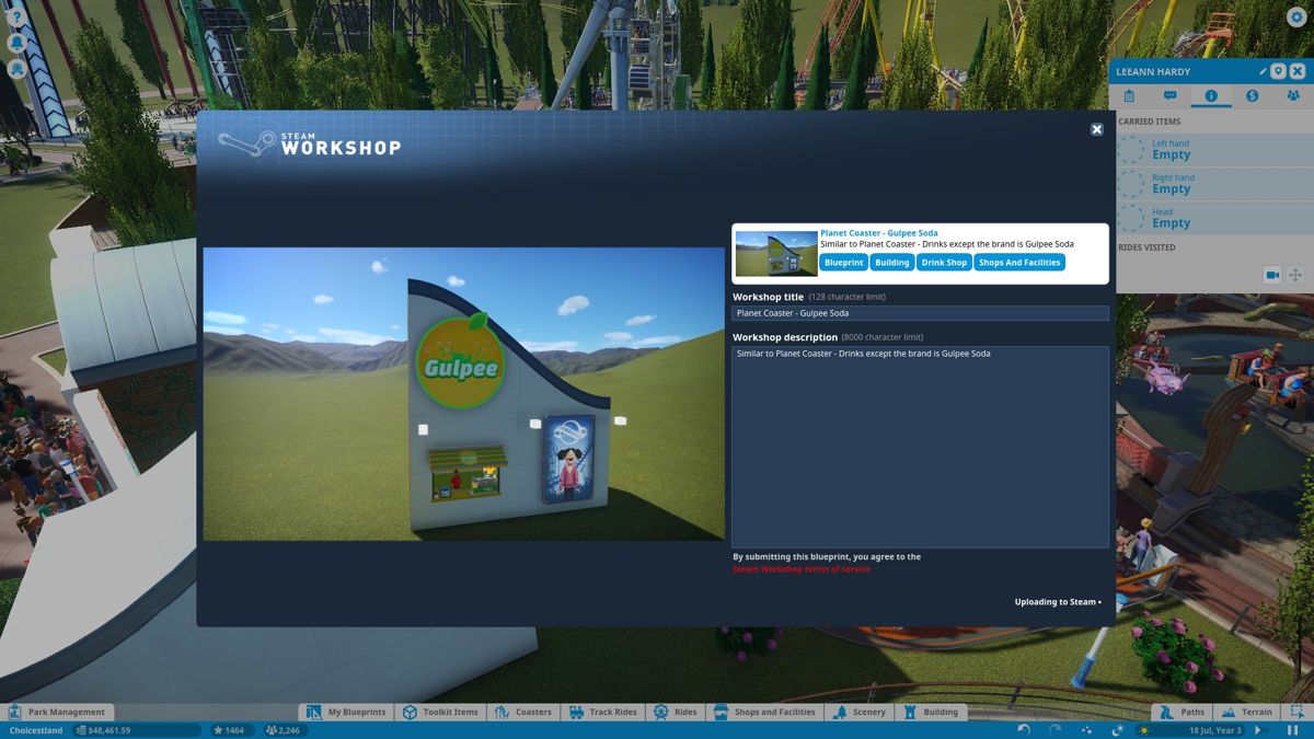 Planet Coaster (Windows) screenshot: On the Windows Steam version of the game, you can upload your own designs to the Steam Workshop