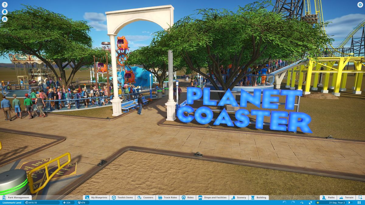 Planet Coaster (Windows) screenshot: The game comes with lots of Planet Coaster branded props which is to be expected