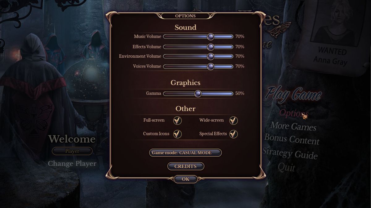 Grim Tales: Trace in Time (Collector's Edition) (Windows) screenshot: The in-game configuration options, note that the game can be played in full screen or in a window. <br><br>Big Fish Games demo version