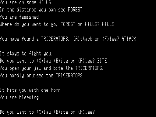 Dinosaur (TRS-80) screenshot: The Triceratops Gores Me