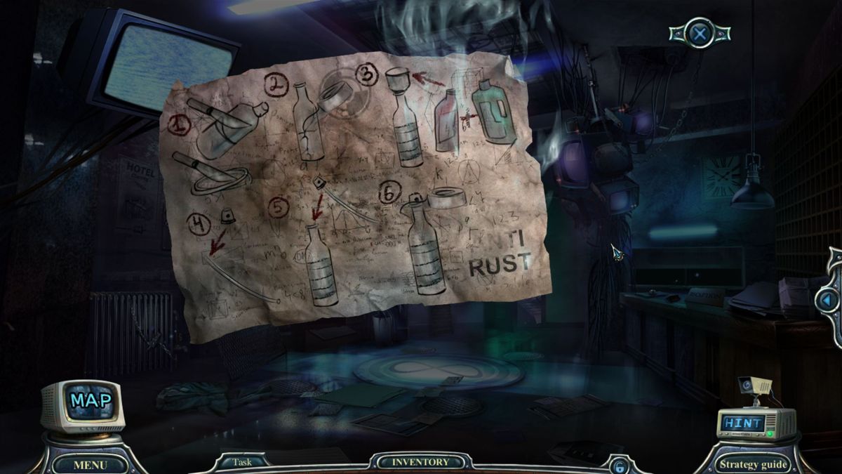 Haunted Hotel: Eternity (Collector's Edition) (Windows) screenshot: This is the guide to one of those procedural puzzles where the player must concoct a potion by performing tasks in the right order<br><br>Big Fish Games demo