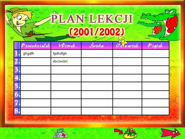 Opowieści CyberMychy (Windows) screenshot: Timetables for school year 2001/2002 - school subjects can be typed in blank cells