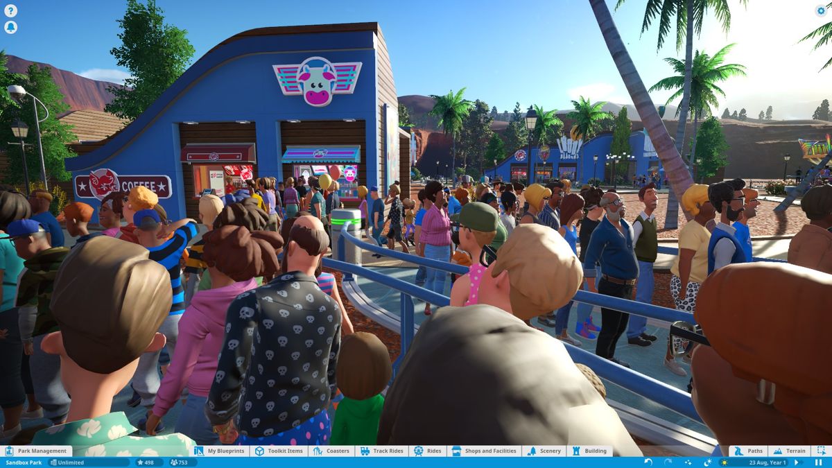 Planet Coaster (Windows) screenshot: A crowded section of the park